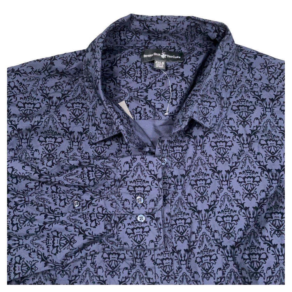Beverly Hills Polo Club Shirt Men 4XLB Blue Damask Flocked Velvet Baroque Luxury
